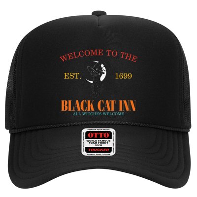 Welcome To The Black Cat Inn All Witches Welcome Halloween Trucker Hat