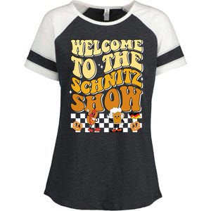 Welcome To The Schnitz Show Oktoberfest Retro Groovy Enza Ladies Jersey Colorblock Tee