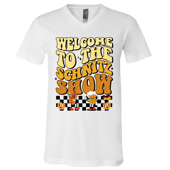 Welcome To The Schnitz Show Oktoberfest Retro Groovy V-Neck T-Shirt