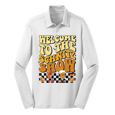 Welcome To The Schnitz Show Oktoberfest Retro Groovy Silk Touch Performance Long Sleeve Polo