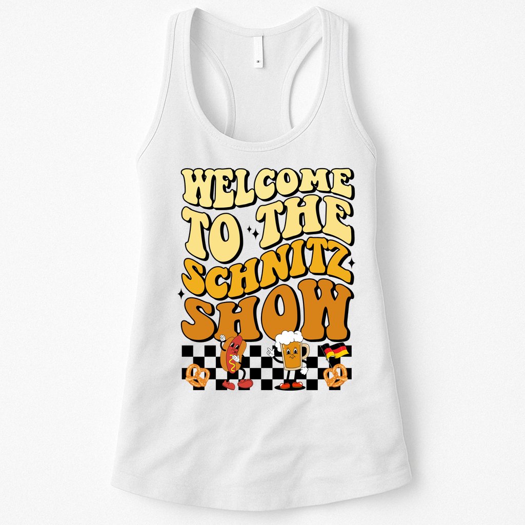 Welcome To The Schnitz Show Oktoberfest Retro Groovy Womens Tank Top