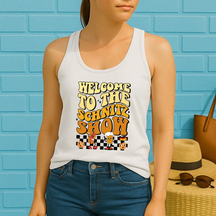 Welcome To The Schnitz Show Oktoberfest Retro Groovy Womens Tank Top