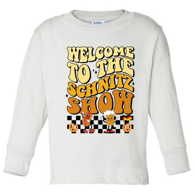 Welcome To The Schnitz Show Oktoberfest Retro Groovy Toddler Long Sleeve Shirt