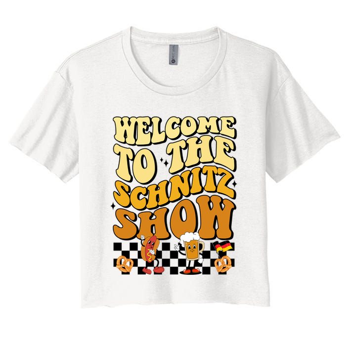 Welcome To The Schnitz Show Oktoberfest Retro Groovy Women's Crop Top Tee