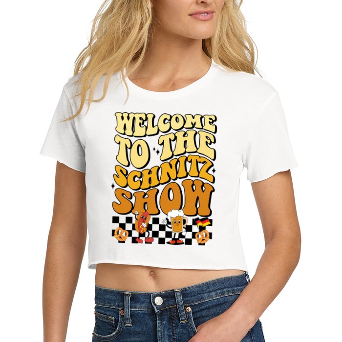 Welcome To The Schnitz Show Oktoberfest Retro Groovy Women's Crop Top Tee