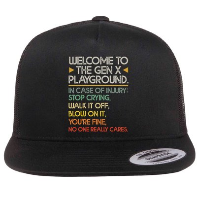 Welcome To The Gen X Playground Funny Generation X Birthday Flat Bill Trucker Hat