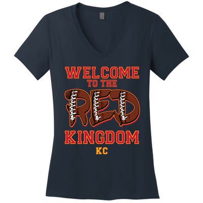 Welcome To The Red Kingdom Kansas City Football Sports Fan Women's V-Neck T-Shirt