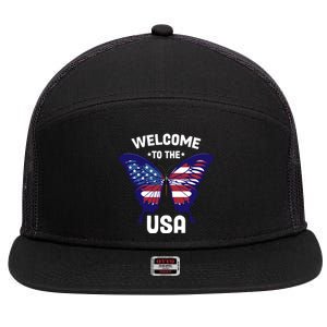 Welcome To The Usa Patriotic Butterfly New American Citizen Funny Gift 7 Panel Mesh Trucker Snapback Hat