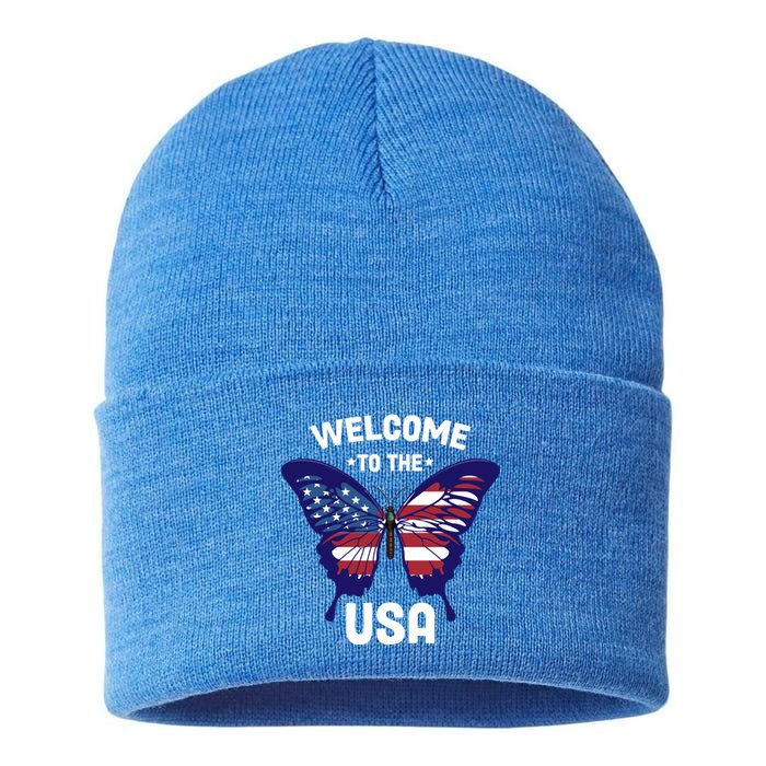 Welcome To The Usa Patriotic Butterfly New American Citizen Funny Gift Sustainable Knit Beanie