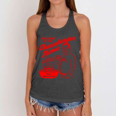 Welcome To The Cheeseburger Picnic A ManS Gotta Eat Trailer Park Women's Knotted Racerback Tank