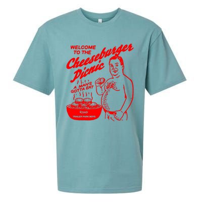 Welcome To The Cheeseburger Picnic A ManS Gotta Eat Trailer Park Sueded Cloud Jersey T-Shirt