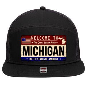 Welcome To The Great Lakes State USA License Plate Michigan 7 Panel Mesh Trucker Snapback Hat