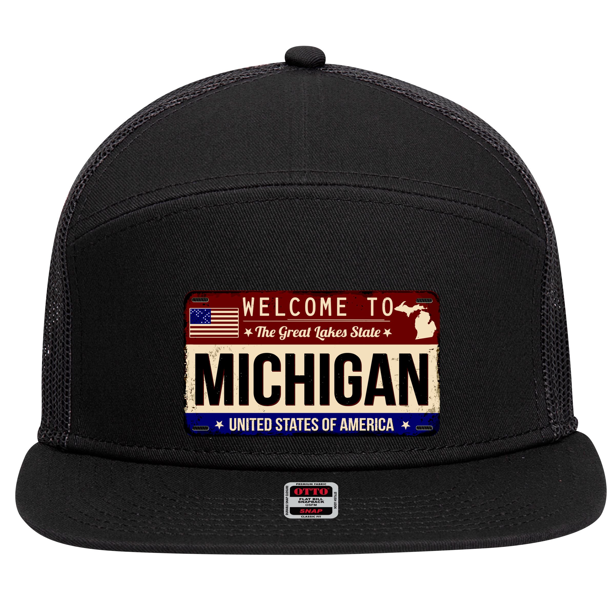 Welcome To The Great Lakes State USA License Plate Michigan 7 Panel Mesh Trucker Snapback Hat