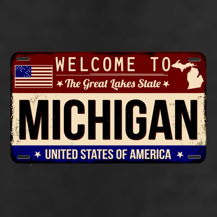 Welcome To The Great Lakes State USA License Plate Michigan 7 Panel Mesh Trucker Snapback Hat