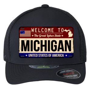 Welcome To The Great Lakes State USA License Plate Michigan Flexfit Unipanel Trucker Cap