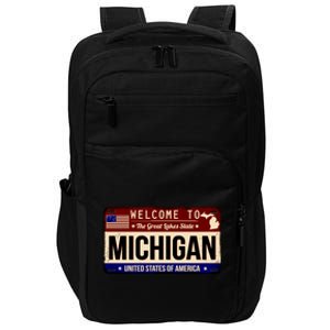 Welcome To The Great Lakes State USA License Plate Michigan Impact Tech Backpack