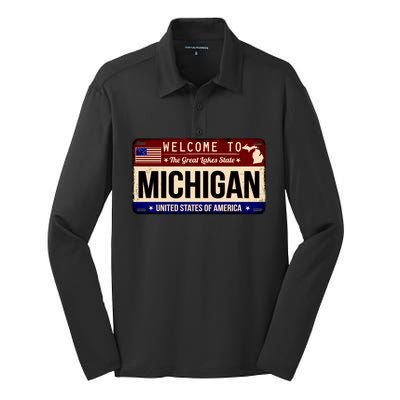 Welcome To The Great Lakes State USA License Plate Michigan Silk Touch Performance Long Sleeve Polo