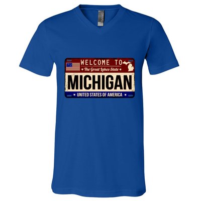 Welcome To The Great Lakes State USA License Plate Michigan V-Neck T-Shirt