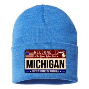 Welcome To The Great Lakes State USA License Plate Michigan Sustainable Knit Beanie