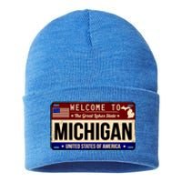 Welcome To The Great Lakes State USA License Plate Michigan Sustainable Knit Beanie