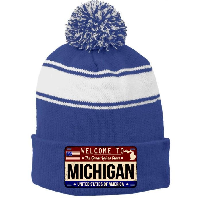 Welcome To The Great Lakes State USA License Plate Michigan Stripe Pom Pom Beanie