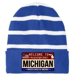 Welcome To The Great Lakes State USA License Plate Michigan Striped Beanie with Solid Band