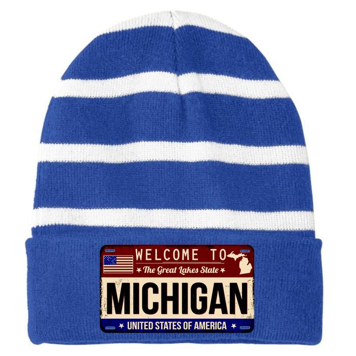 Welcome To The Great Lakes State USA License Plate Michigan Striped Beanie with Solid Band