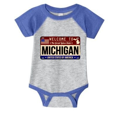 Welcome To The Great Lakes State USA License Plate Michigan Infant Baby Jersey Bodysuit