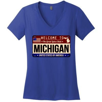 Welcome To The Great Lakes State USA License Plate Michigan Women's V-Neck T-Shirt