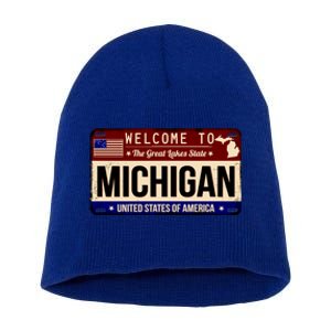 Welcome To The Great Lakes State USA License Plate Michigan Short Acrylic Beanie