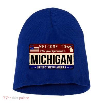Welcome To The Great Lakes State USA License Plate Michigan Short Acrylic Beanie