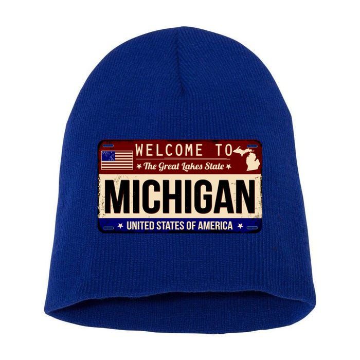 Welcome To The Great Lakes State USA License Plate Michigan Short Acrylic Beanie