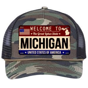 Welcome To The Great Lakes State USA License Plate Michigan Retro Rope Trucker Hat Cap