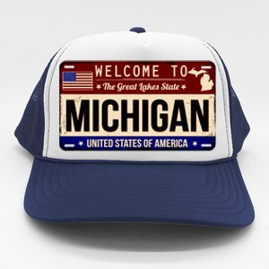 Welcome To The Great Lakes State USA License Plate Michigan Trucker Hat