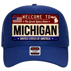 Welcome To The Great Lakes State USA License Plate Michigan High Crown Mesh Back Trucker Hat