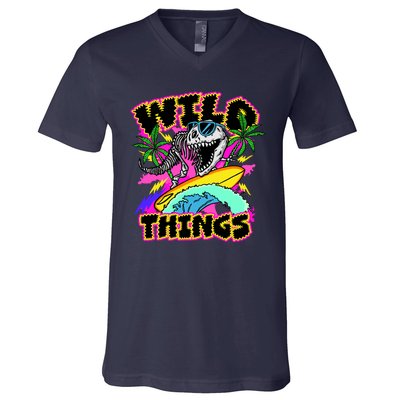 Wild Things T Rex Surfing V-Neck T-Shirt