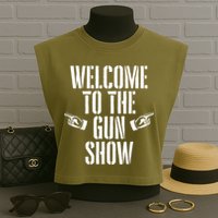 Welcome To The Gun Show Funny Bodybuilder Weightlifting Garment-Dyed Women's Muscle Tee