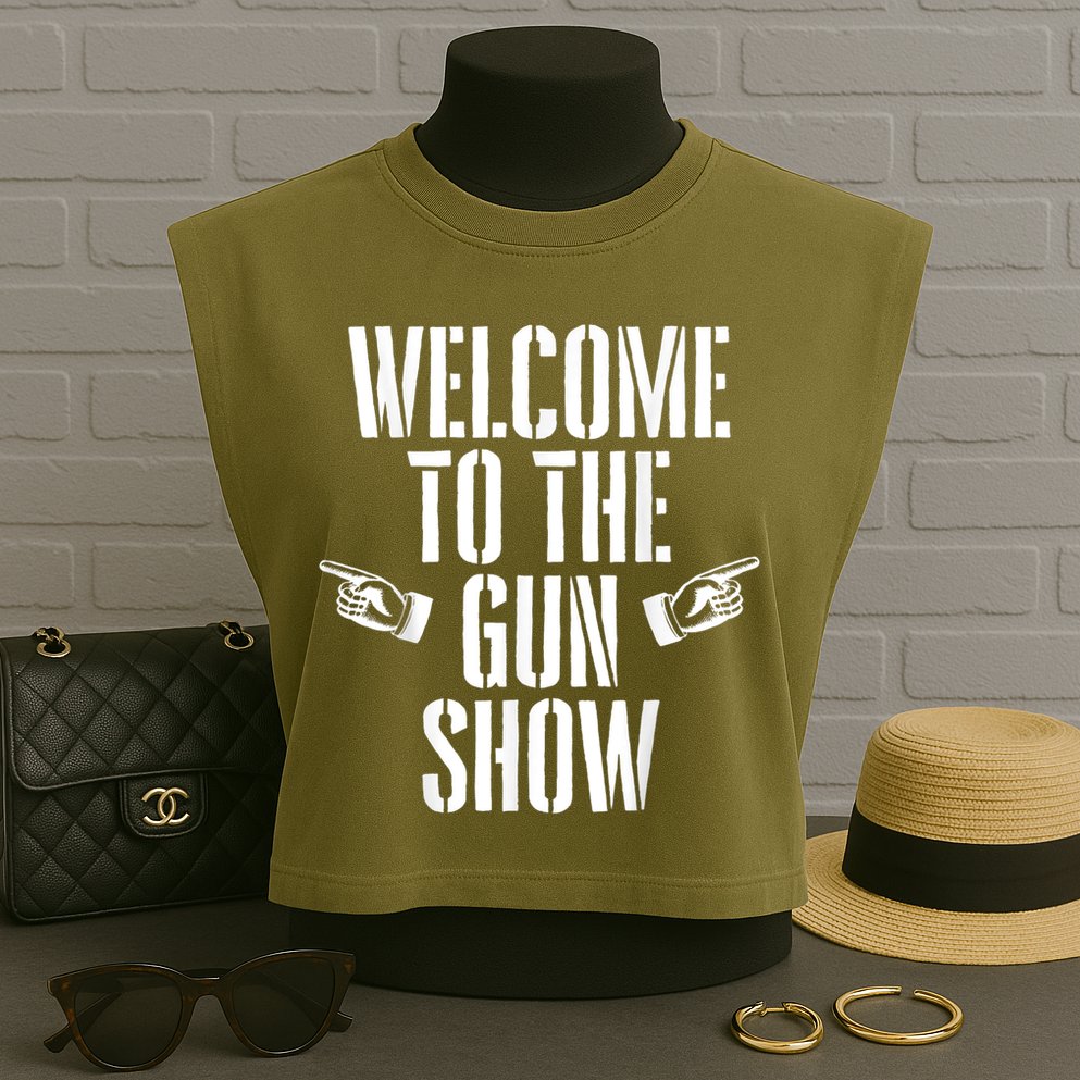 Welcome To The Gun Show Funny Bodybuilder Weightlifting Garment-Dyed Women's Muscle Tee
