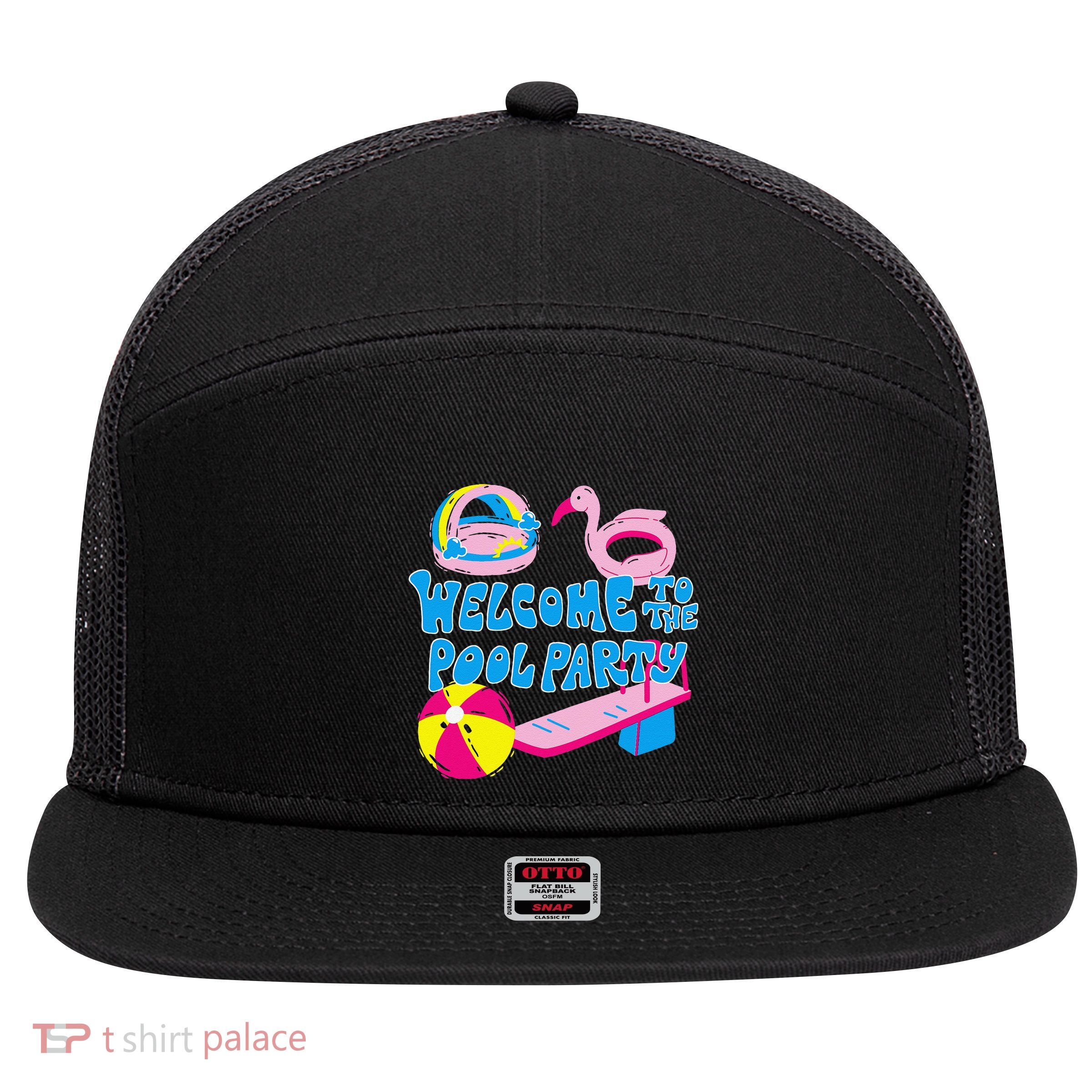 Welcome To The Pool Party Birthday Summer Family Swimming 7 Panel Mesh Trucker Snapback Hat