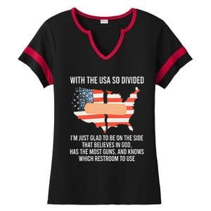 With The Usa So Divided America Flag Ladies Halftime Notch Neck Tee