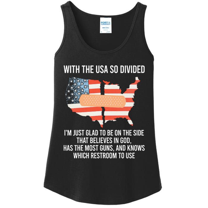 With The Usa So Divided America Flag Ladies Essential Tank