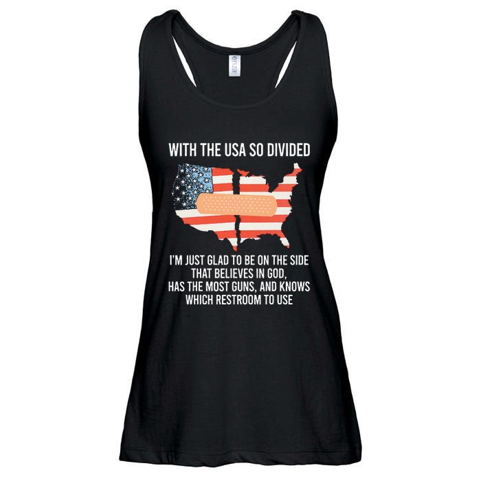 With The Usa So Divided America Flag Ladies Essential Flowy Tank