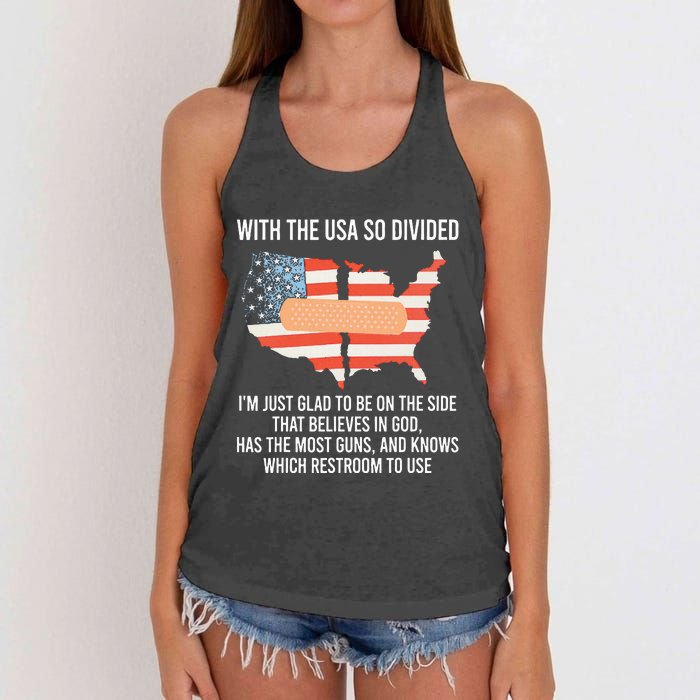 With The Usa So Divided America Flag Women's Knotted Racerback Tank