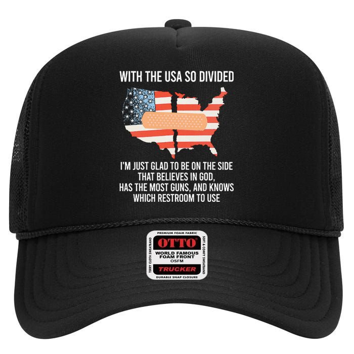 With The Usa So Divided America Flag High Crown Mesh Back Trucker Hat