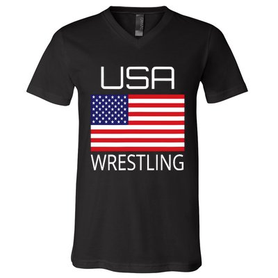 Wrestling Team Wrestle Usa American Flag Wrestler Coach Gift V-Neck T-Shirt