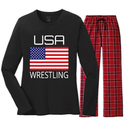 Wrestling Team Wrestle Usa American Flag Wrestler Coach Gift Women's Long Sleeve Flannel Pajama Set 