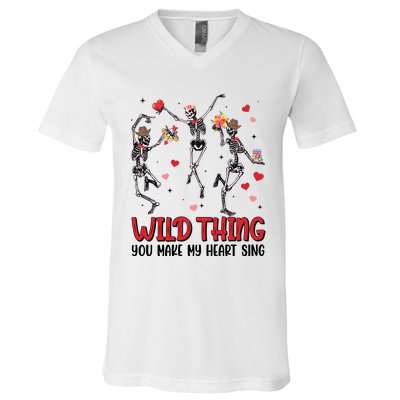 Wild Thing You Make My Heart Sing Dancing Skeleton Happy Valentine's Day V-Neck T-Shirt