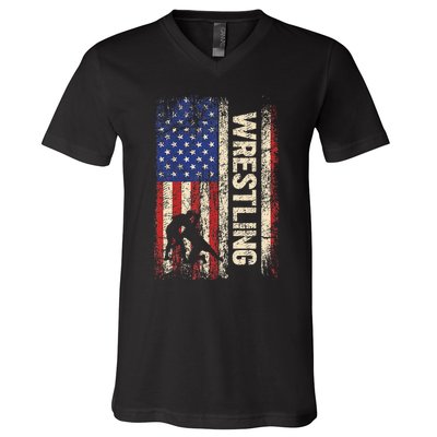 Wrestling Usa American Flag Wrestle 4th Of July V-Neck T-Shirt