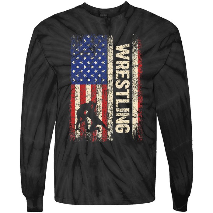 Wrestling Usa American Flag Wrestle 4th Of July Tie-Dye Long Sleeve Shirt