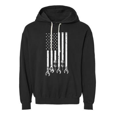 Wrench Usa American Flag Car Mechanic Garage Patriotic Garment-Dyed Fleece Hoodie